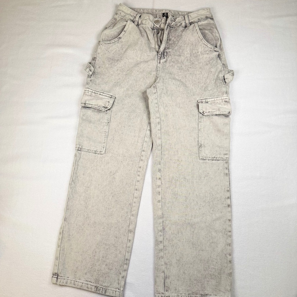 NVFelix Women Grey Acid Wash Cargo Pants Wide Leg Carpenter Utility Jeans M